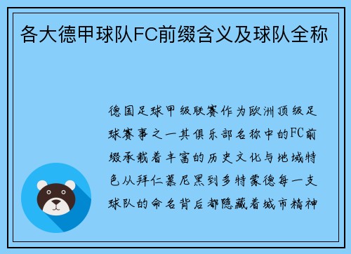 各大德甲球队FC前缀含义及球队全称