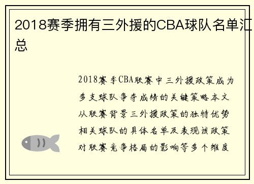 2018赛季拥有三外援的CBA球队名单汇总